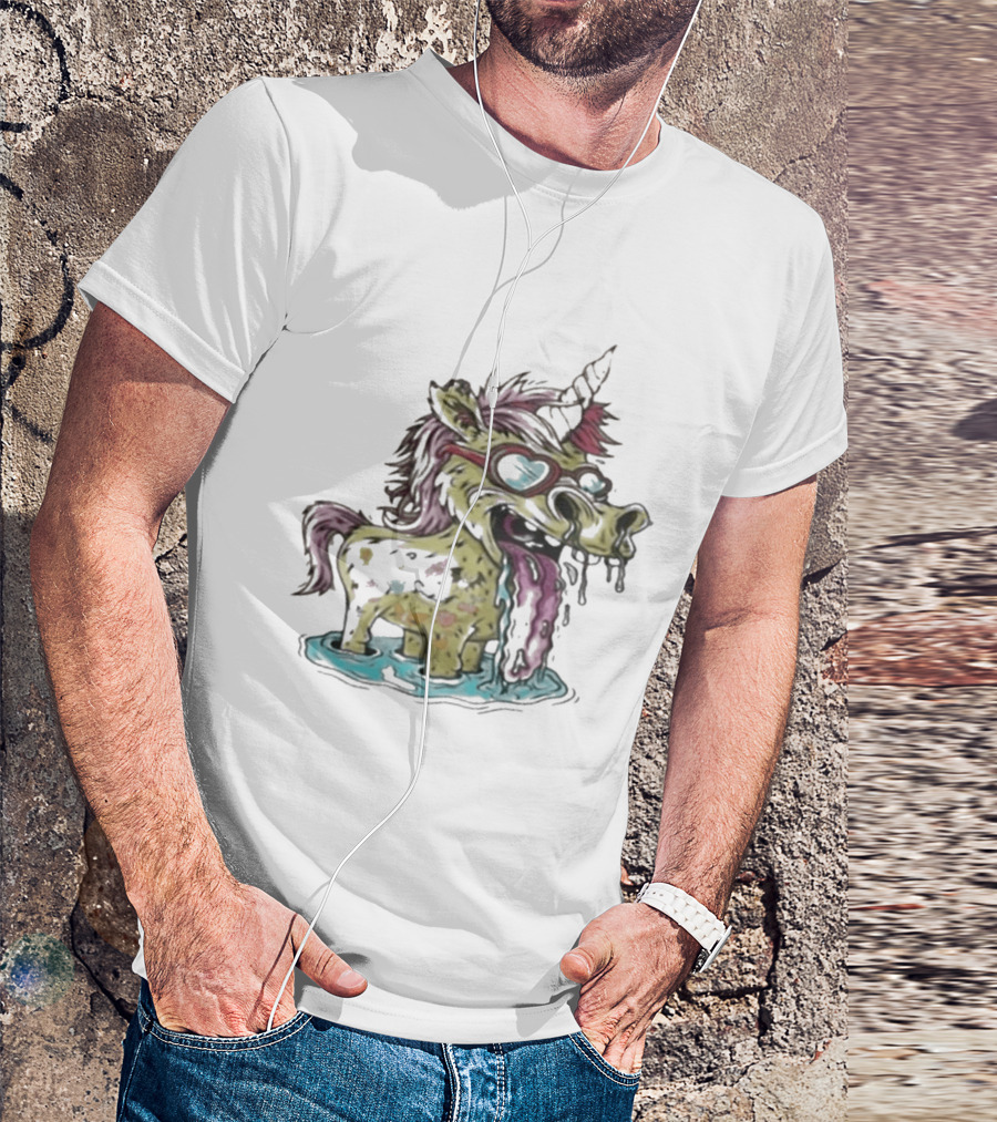 Hills Draws Unicorn With Sunglasses And Tongue Out In White T-Shirt