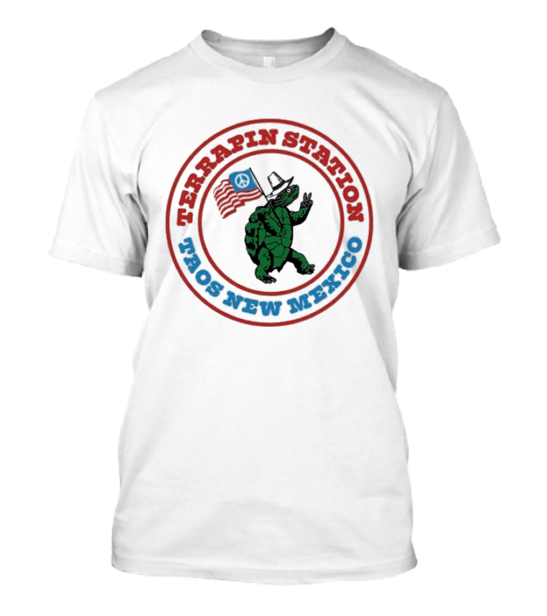 Terrapin Station Taos New Mexico Turtle With Hat And Flag T-Shirt