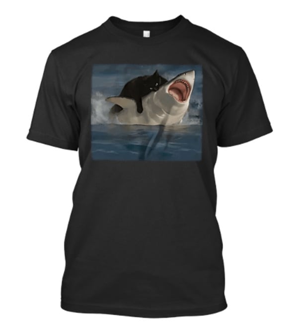 Black Cat Riding On Great White Shark Ocean Adventure T-Shirt