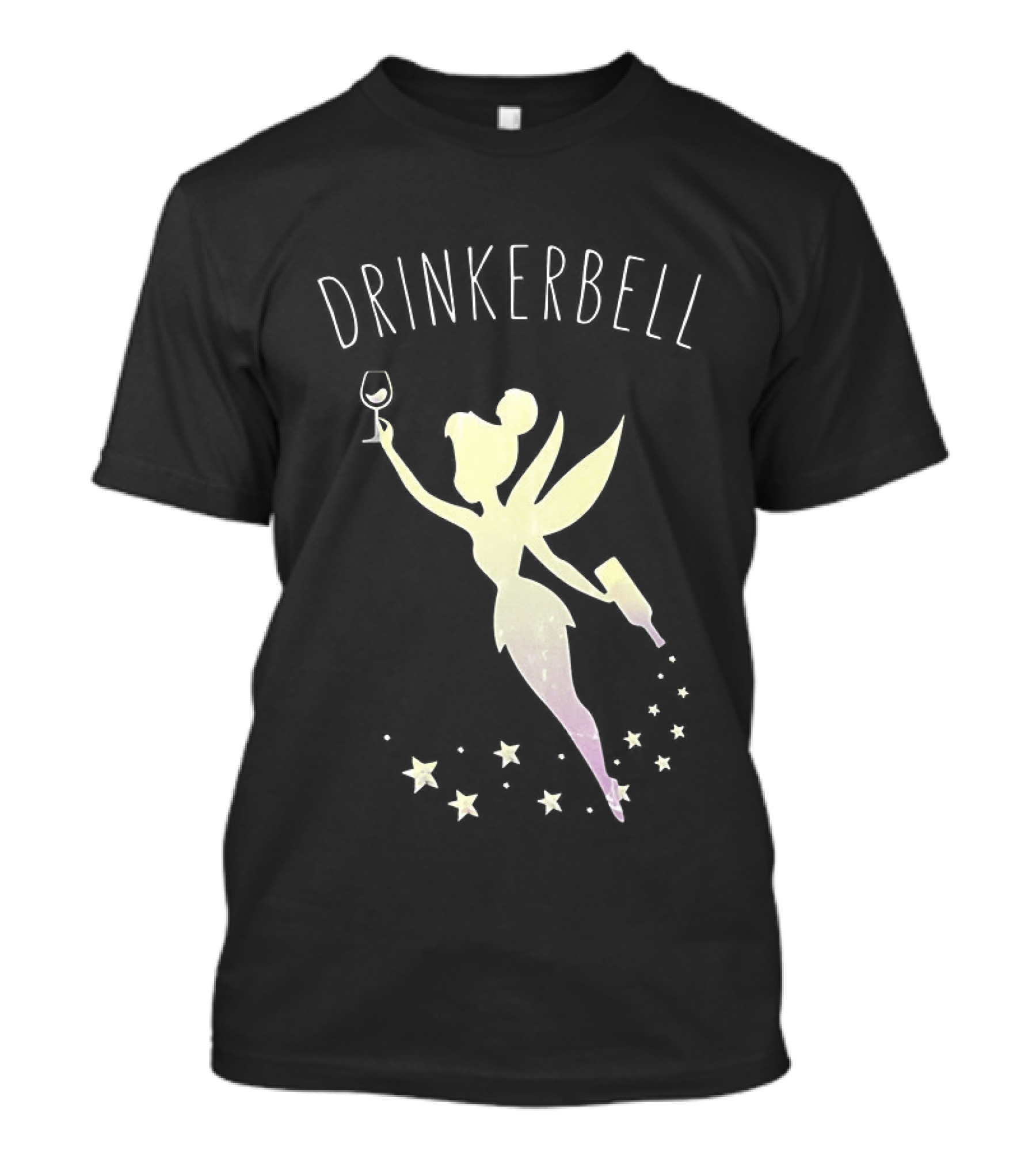 Drinkerbell Fairy Silhouette With Wine Glass And Bottle Stars T-Shirt