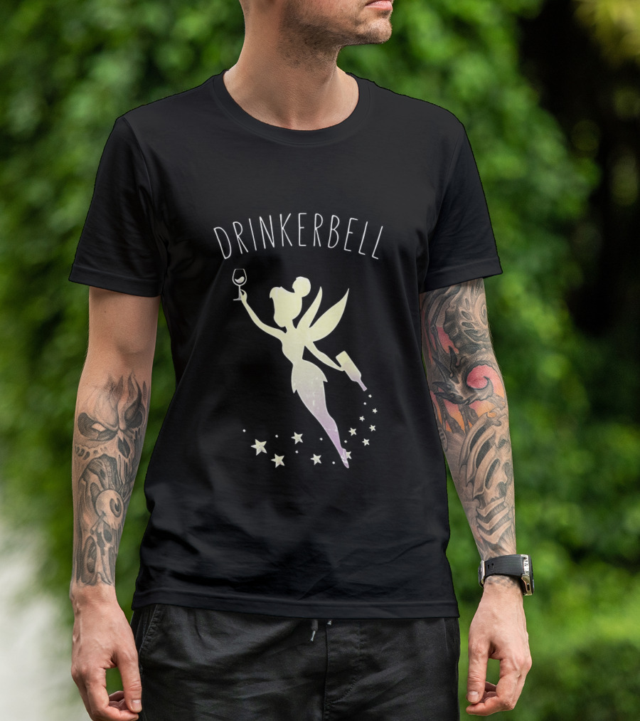 Drinkerbell Fairy Silhouette With Wine Glass And Bottle Stars T-Shirt