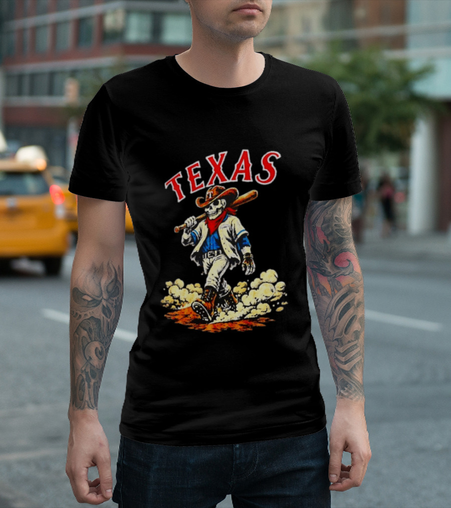 Texas Rangers Cowboy Skull Baseball Player T-Shirt
