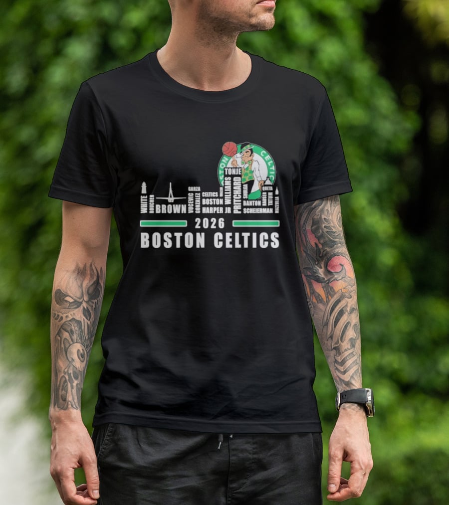 2026 Boston Celtics Brown Tatum Brogdon Porzingis White Smart Hoops Skyline T-Shirt