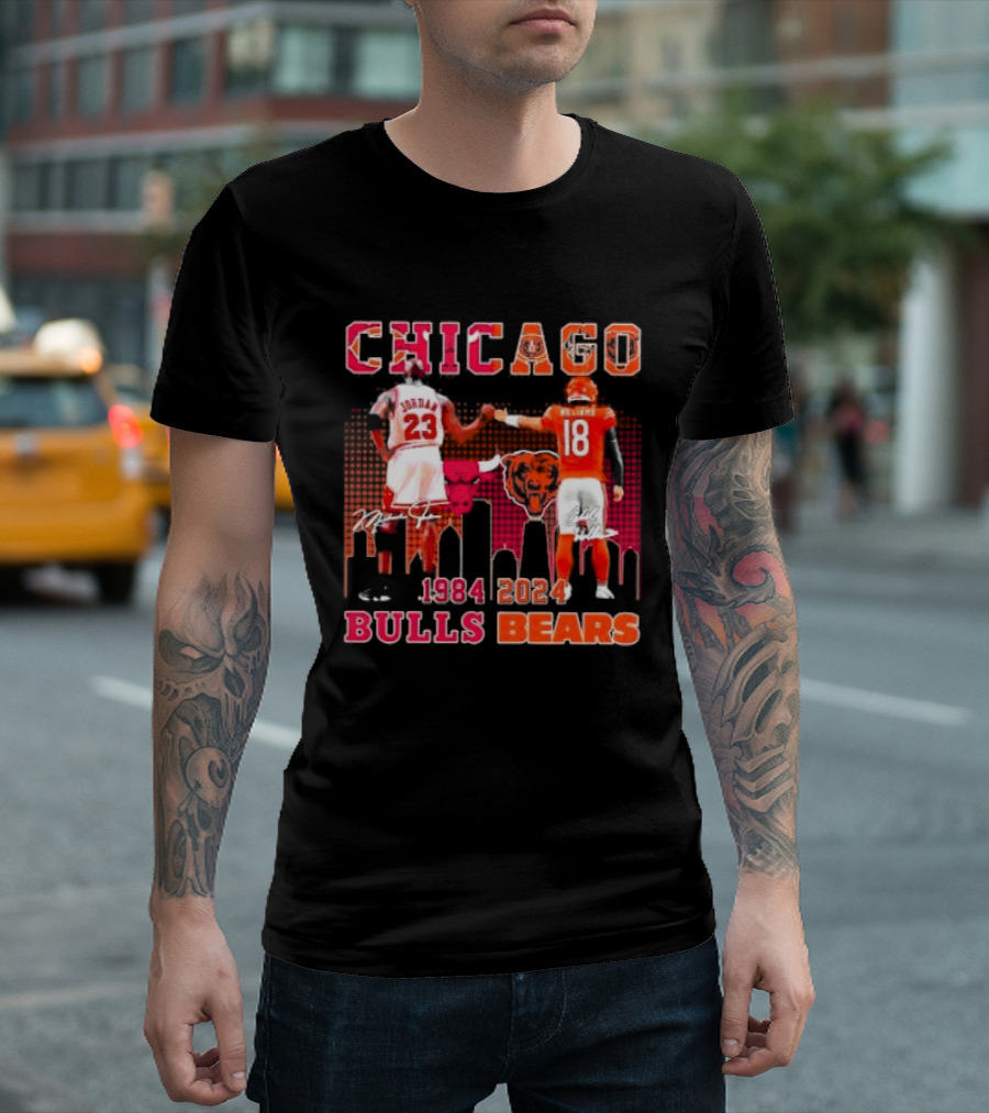 Chicago Bulls Michael Jordan 23 And Chicago Bears Caleb Williams 18 1984 2024 Signatures T-Shirt