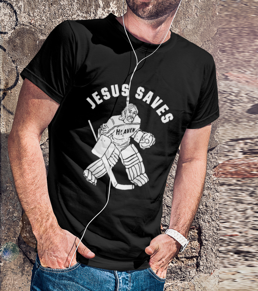 Jesus Saves Hockey Goalie Blocking Puck T-Shirt