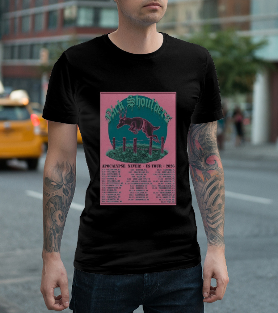 Nick Shoulders Apocalypse Never US Tour 2026 Retro Pink And Teal Leaping Deer Design With Tour Dates T-Shirt