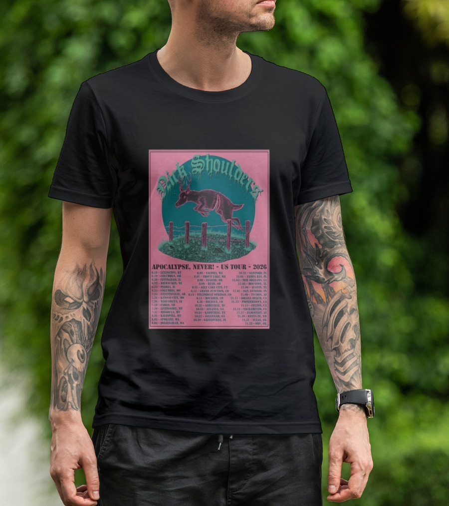 Nick Shoulders Apocalypse Never US Tour 2026 Retro Pink And Teal Leaping Deer Design With Tour Dates T-Shirt