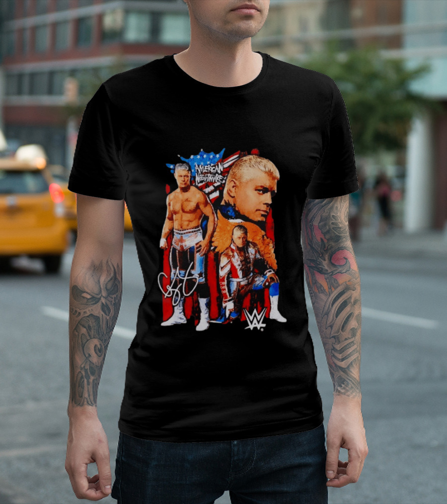 WWE Cody Rhodes American Nightmare Collage Patriotic Wrestling Iconic Signature T-Shirt