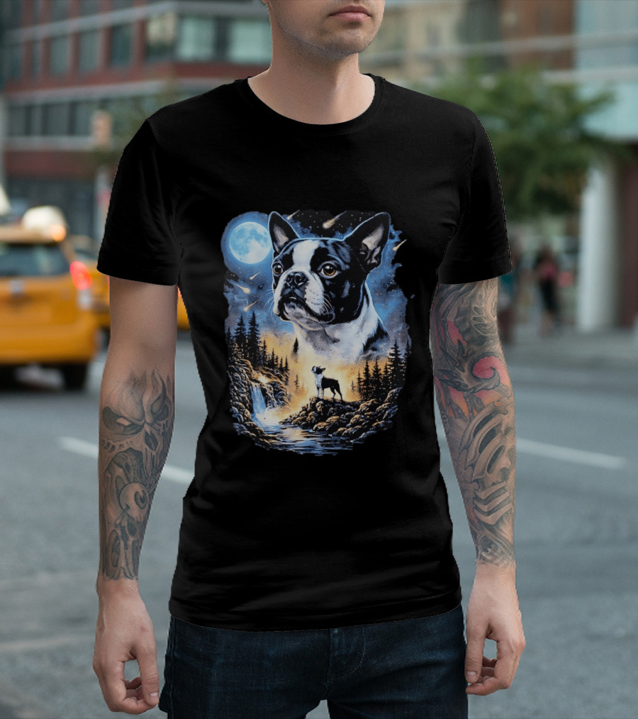 Boston Terrier Howling Moon Night Wilderness Scene T-Shirt