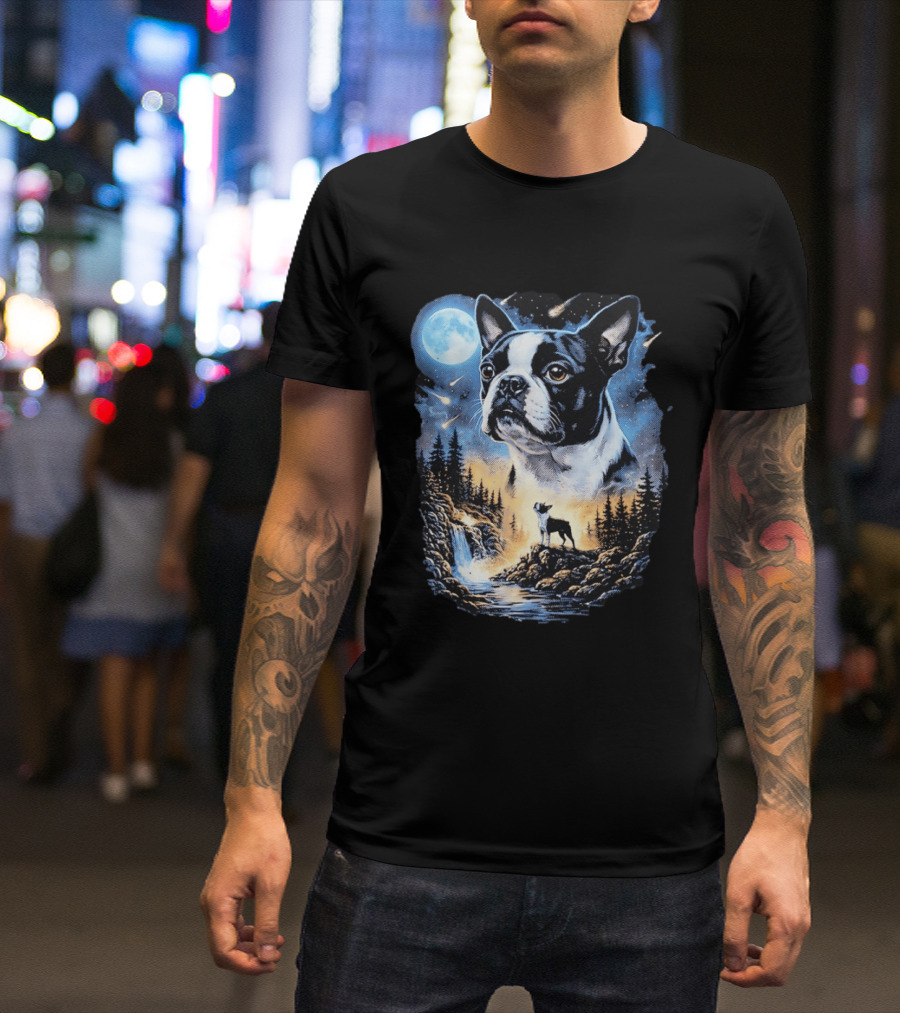 Boston Terrier Howling Moon Night Wilderness Scene T-Shirt