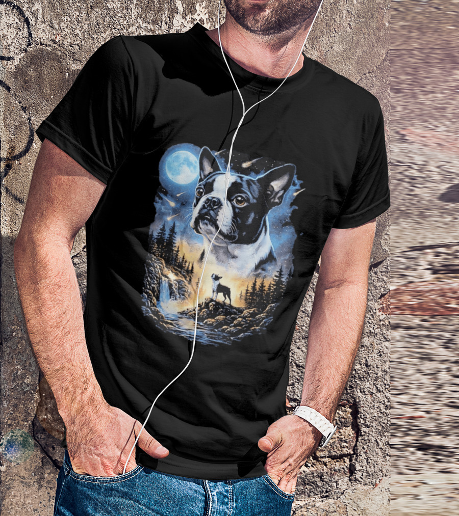 Boston Terrier Howling Moon Night Wilderness Scene T-Shirt