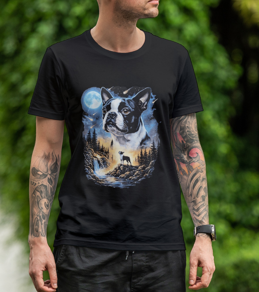 Boston Terrier Howling Moon Night Wilderness Scene T-Shirt
