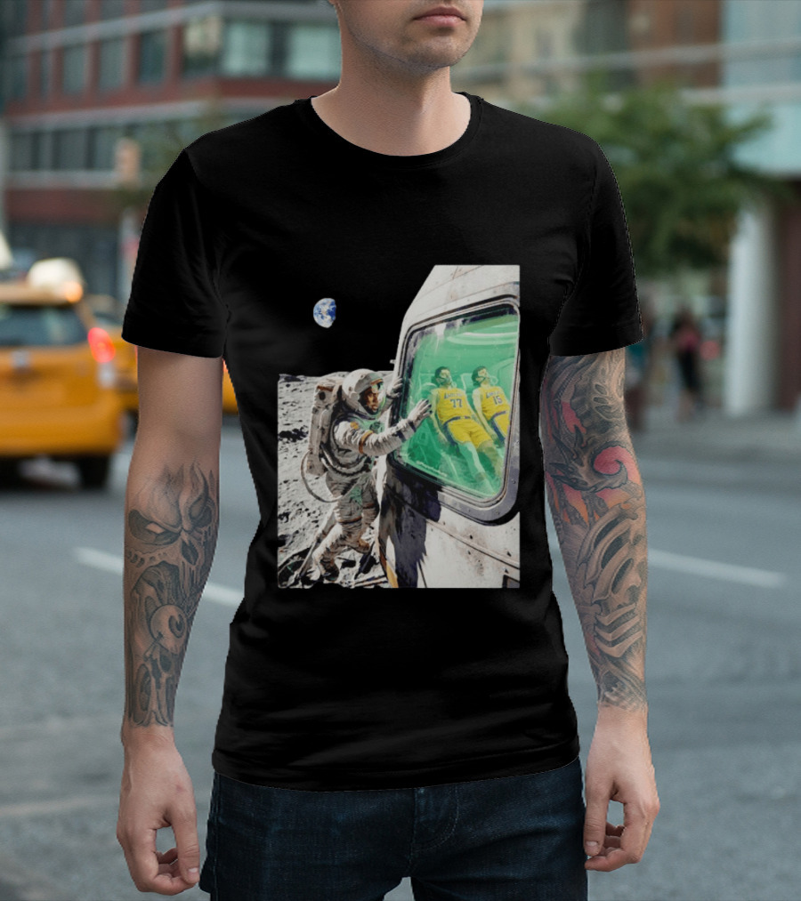 LeBron James Lakers Alone In Space Astronaut Scene With Number 77 And 15 In Spaceship T-Shirt