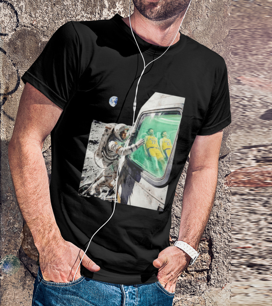 LeBron James Lakers Alone In Space Astronaut Scene With Number 77 And 15 In Spaceship T-Shirt