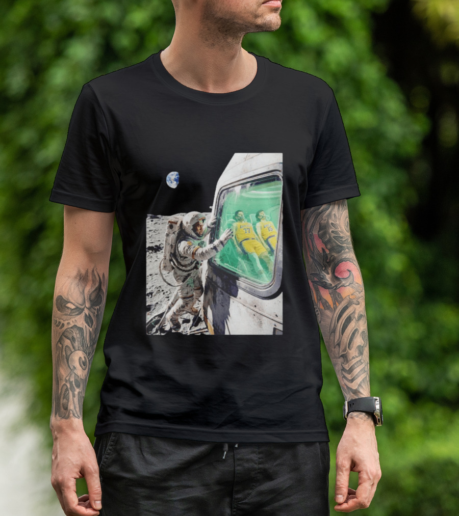 LeBron James Lakers Alone In Space Astronaut Scene With Number 77 And 15 In Spaceship T-Shirt