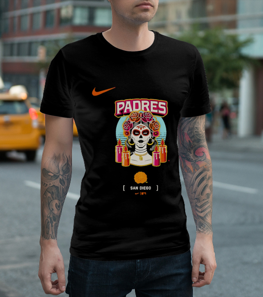 Nike San Diego Padres 2026 City Connect Dia De Los Muertos Candles Roses Large T-Shirt