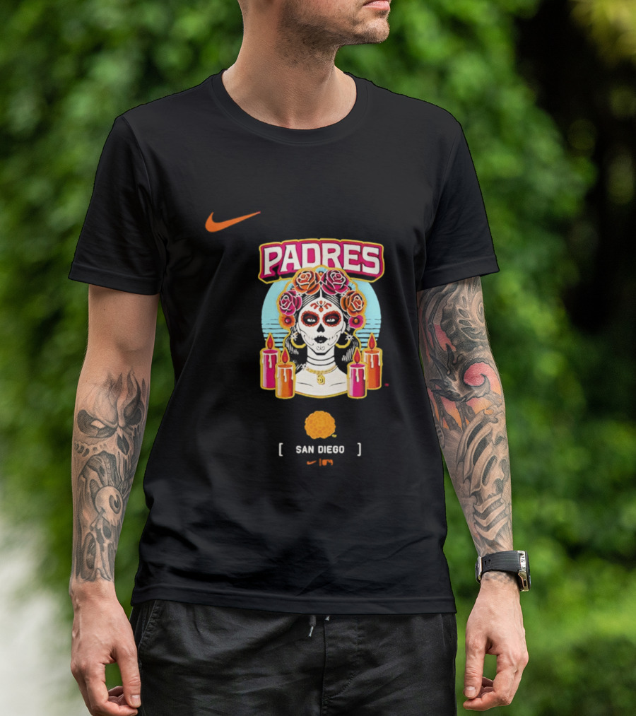 Nike San Diego Padres 2026 City Connect Dia De Los Muertos Candles Roses Large T-Shirt