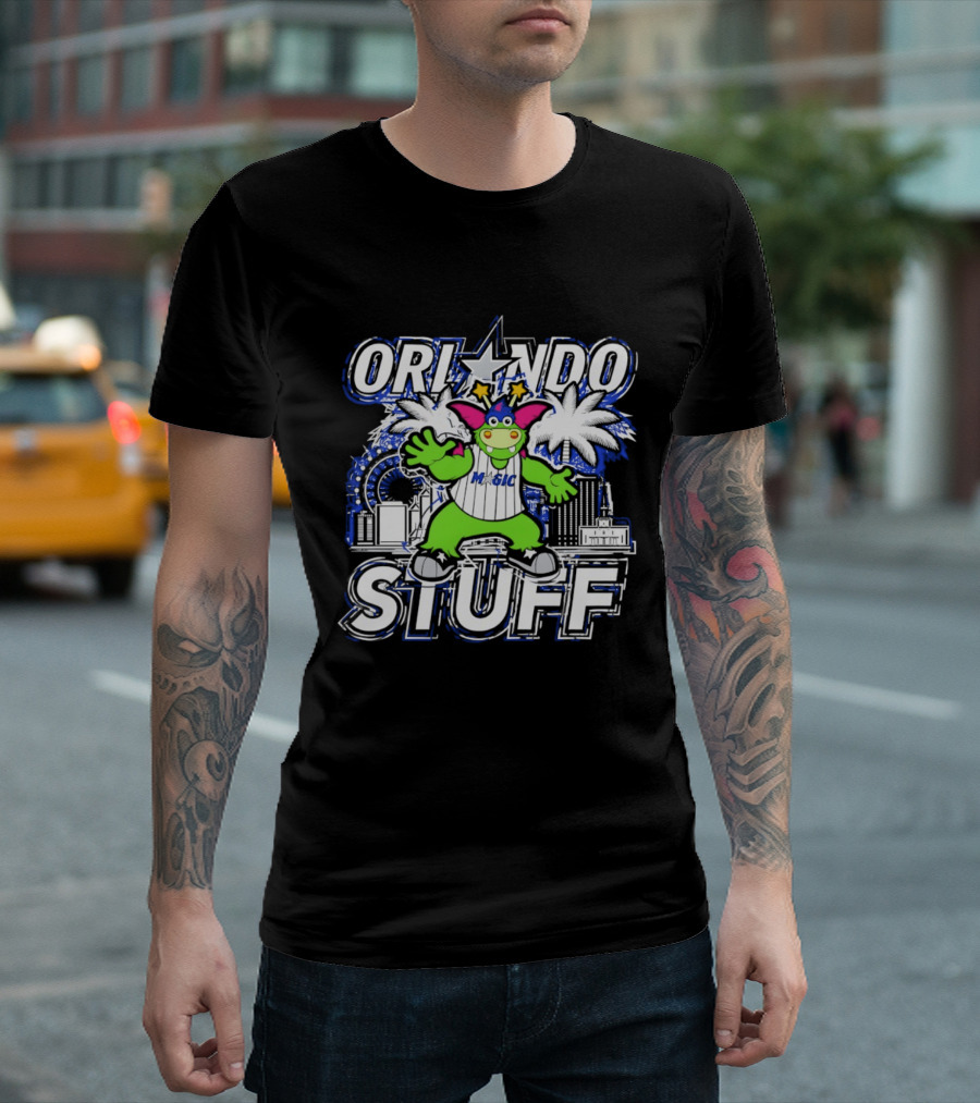 Orlando Magic Stuff NBA Mascot With Star Palms And City Skyline T-Shirt