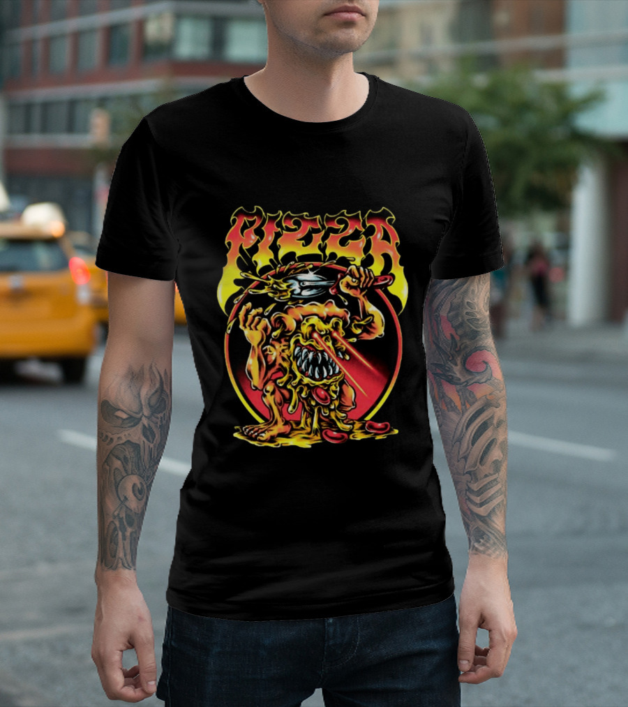 Pizza Monster Melting Laser Eyes Fiery Cheesy Creature T-Shirt