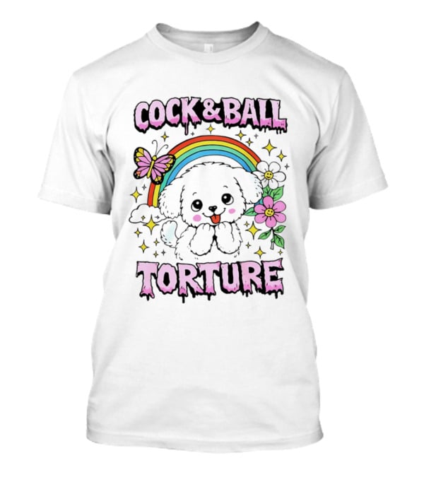 Cock And Ball Torture Dog Rainbow Butterfly Flowers T-Shirt