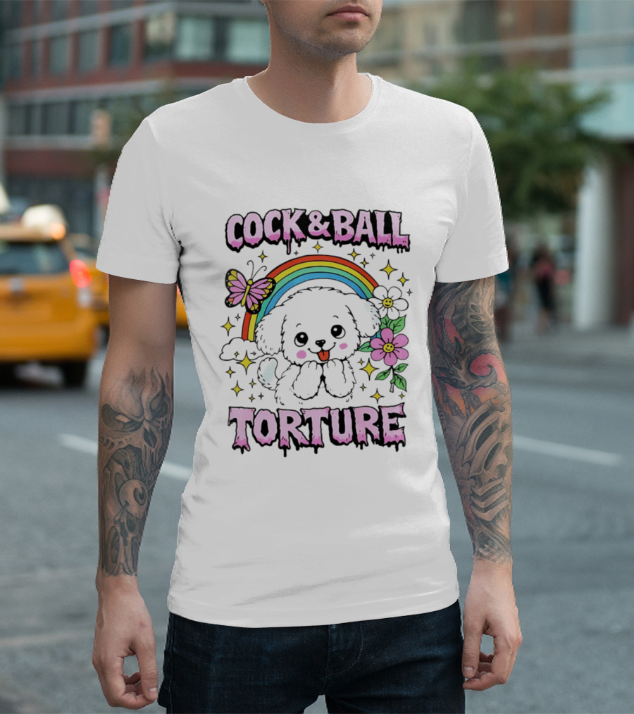 Cock And Ball Torture Dog Rainbow Butterfly Flowers T-Shirt