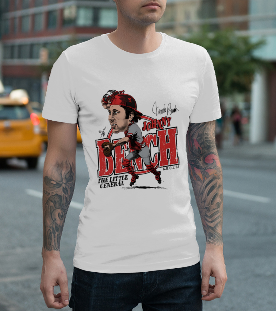 Johnny Bench Cincinnati The Little General Bruce Stark Collection HOF Caricature T-Shirt
