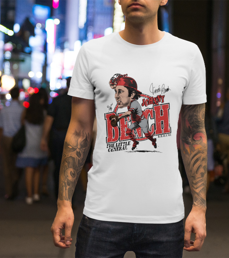 Johnny Bench Cincinnati The Little General Bruce Stark Collection HOF Caricature T-Shirt