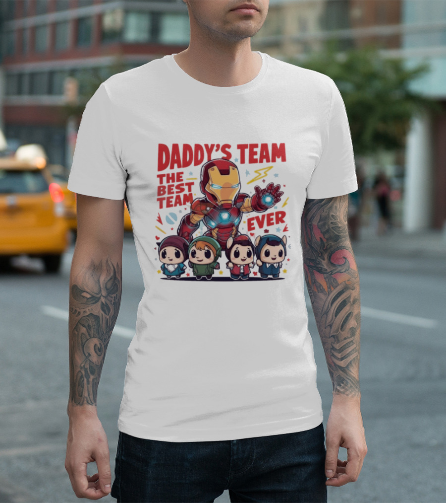 Daddys Team The Best Team Ever Superhero Dad Iron Man And Kids T-Shirt