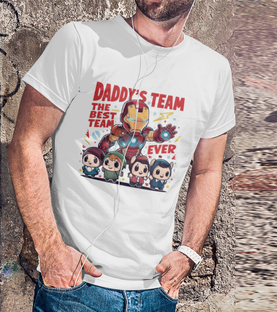Daddys Team The Best Team Ever Superhero Dad Iron Man And Kids T-Shirt