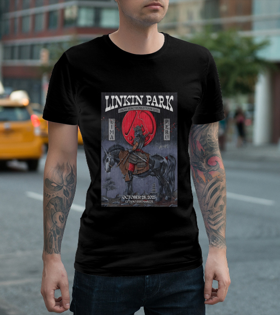 Linkin Park From Zero World Tour 2025 Lima Peru Estadio San Marcos October 28 Samurai Warrior On Horse With Red Moon T-Shirt