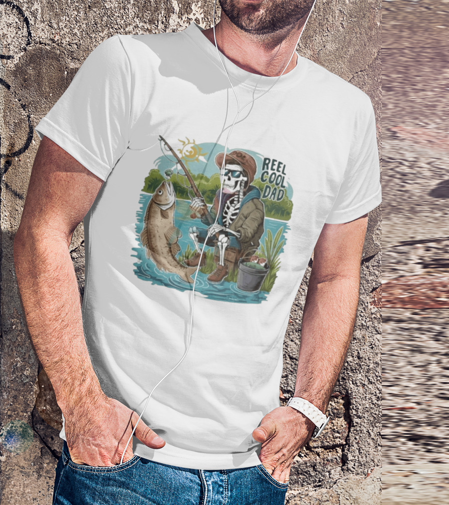 Reel Cool Dad Fishing Skeleton Catching Fish Cartoon T-Shirt