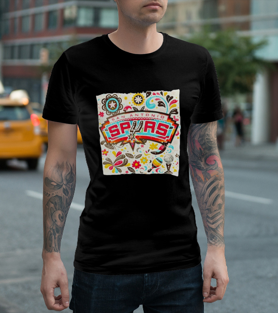San Antonio Spurs NBA Floral Maracas Basketball Trophy Motif T-Shirt