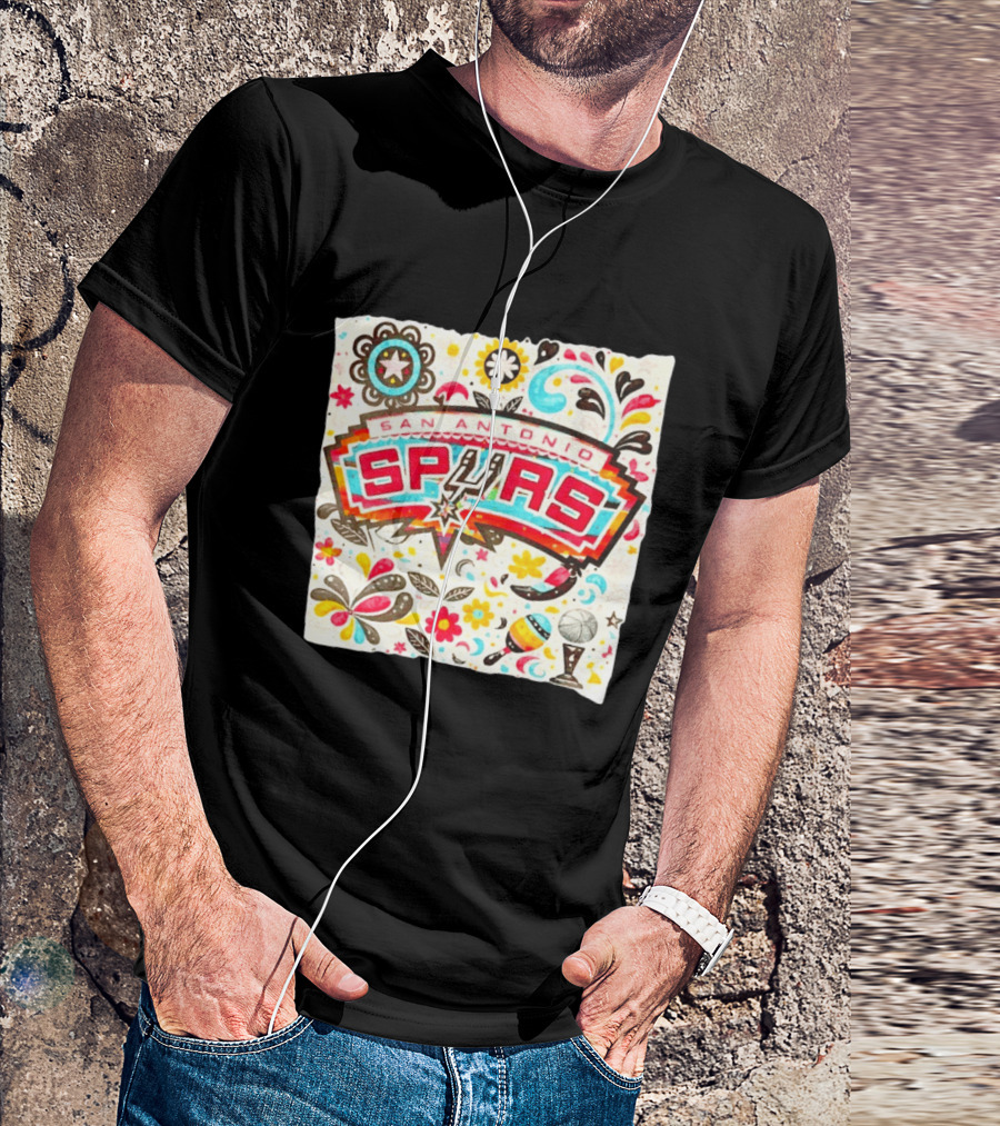 San Antonio Spurs NBA Floral Maracas Basketball Trophy Motif T-Shirt