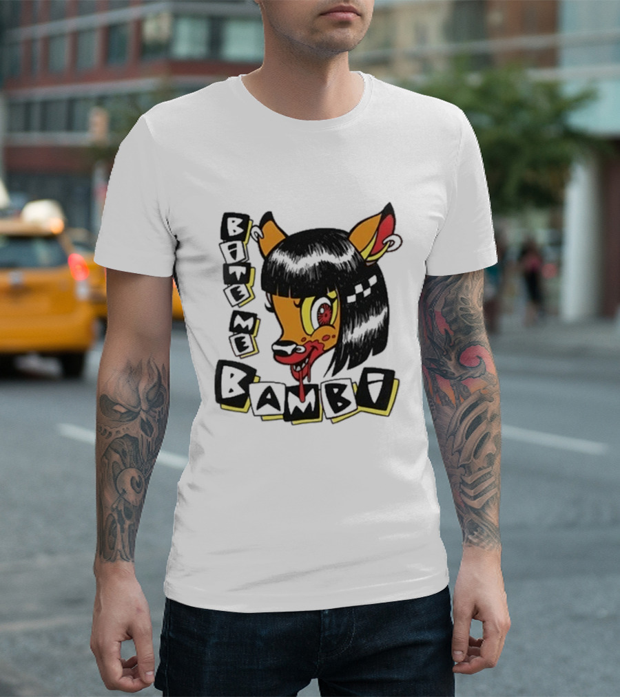 Bite Me Bambi Cartoon Character With Black Hair And Blood Dripping Mouth T-Shirt