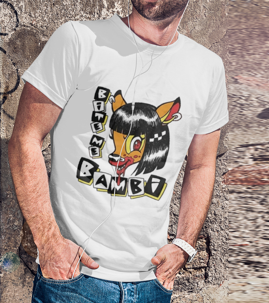 Bite Me Bambi Cartoon Character With Black Hair And Blood Dripping Mouth T-Shirt
