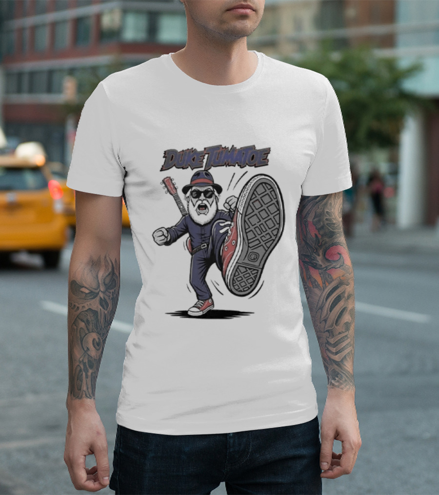 Duke Tumatoe Character Kicking Action In Blue Outfit And Red Shoes T-Shirt