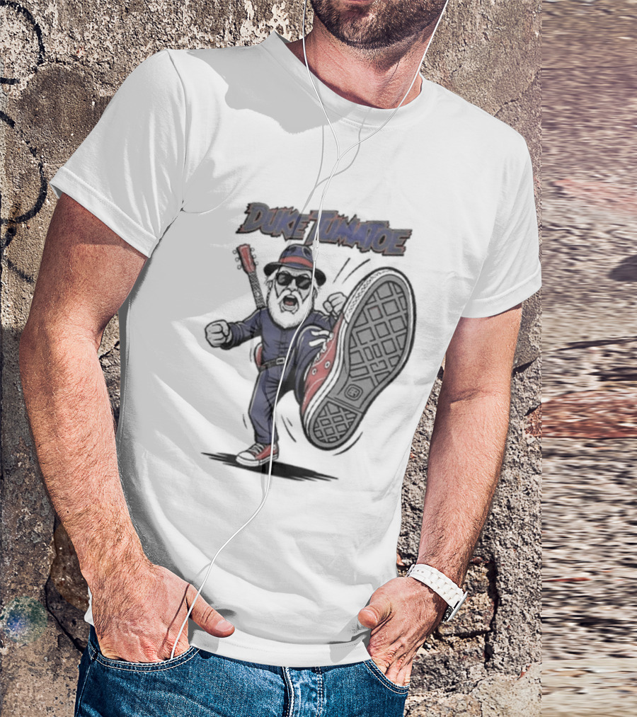 Duke Tumatoe Character Kicking Action In Blue Outfit And Red Shoes T-Shirt