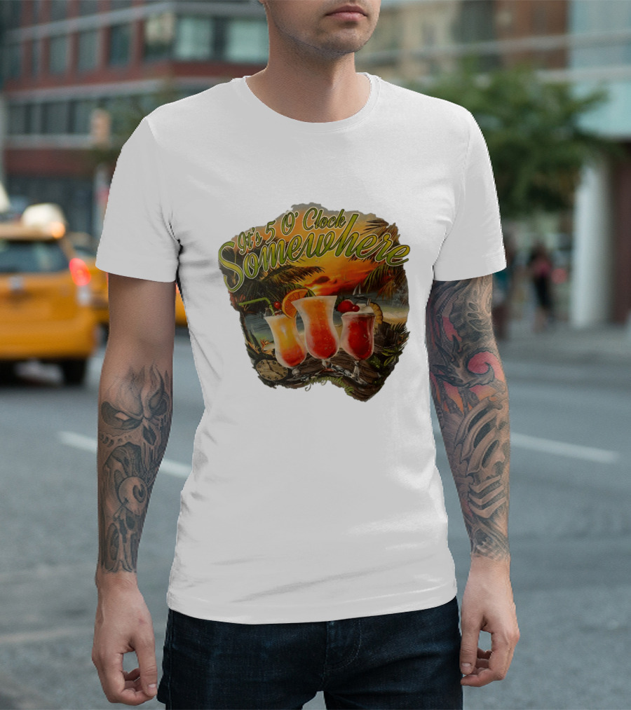 It's 5 O' Somewhere Tropical Sunset Cocktails And Palm Trees T-Shirt