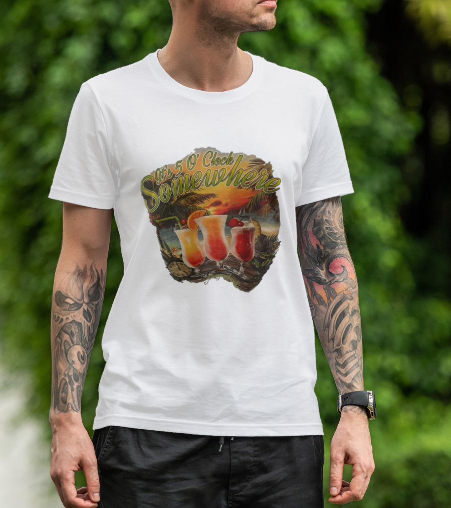 It's 5 O' Somewhere Tropical Sunset Cocktails And Palm Trees T-Shirt