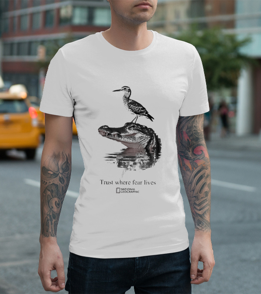 National Geographic Trust Where Fear Lives Alligator And Bird T-Shirt