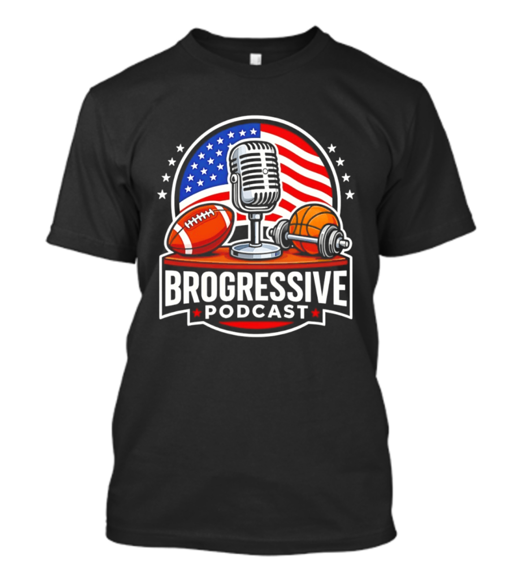 Brogressive Podcast American Flag Microphone Football Dumbbell Stars T-Shirt