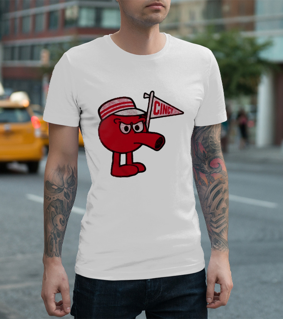 Cincy Redbert Cartoon Character With Striped Hat And Flag T-Shirt