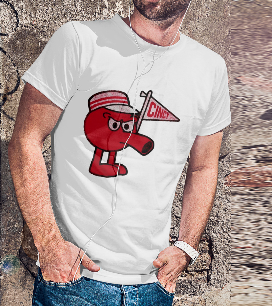 Cincy Redbert Cartoon Character With Striped Hat And Flag T-Shirt