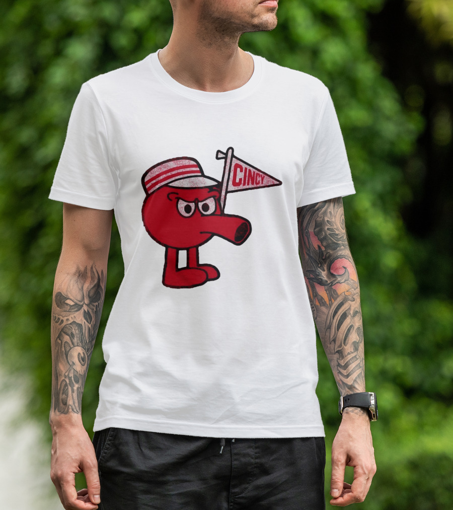 Cincy Redbert Cartoon Character With Striped Hat And Flag T-Shirt