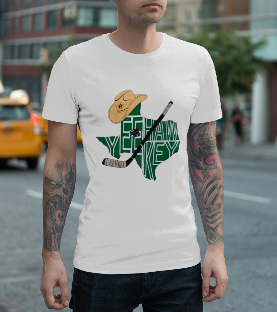 Texas Hockey Yeehaw Stars Cowboy Hat Hockey Stick 2026 Casey DeSmith Jake Oettinger Appreciation Night T-Shirt