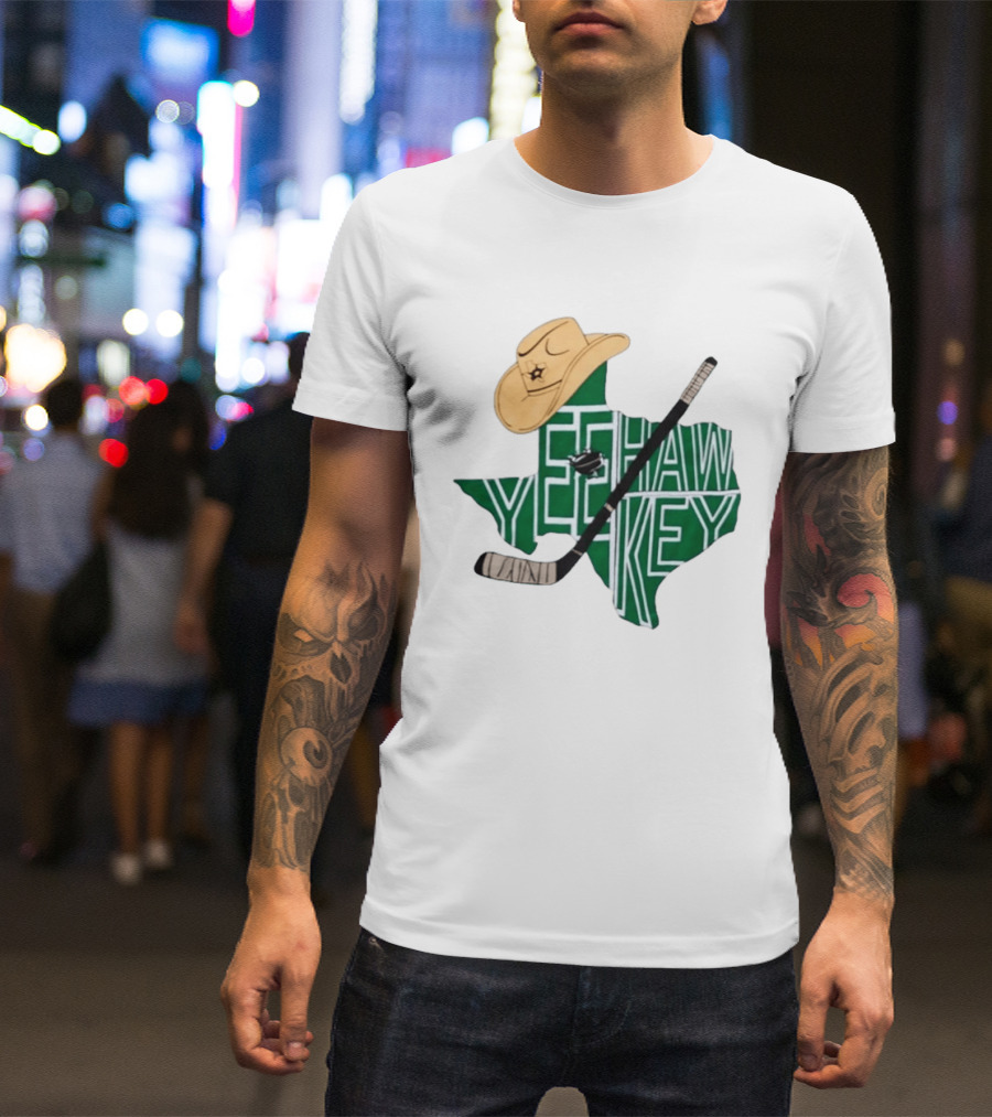 Texas Hockey Yeehaw Stars Cowboy Hat Hockey Stick 2026 Casey DeSmith Jake Oettinger Appreciation Night T-Shirt