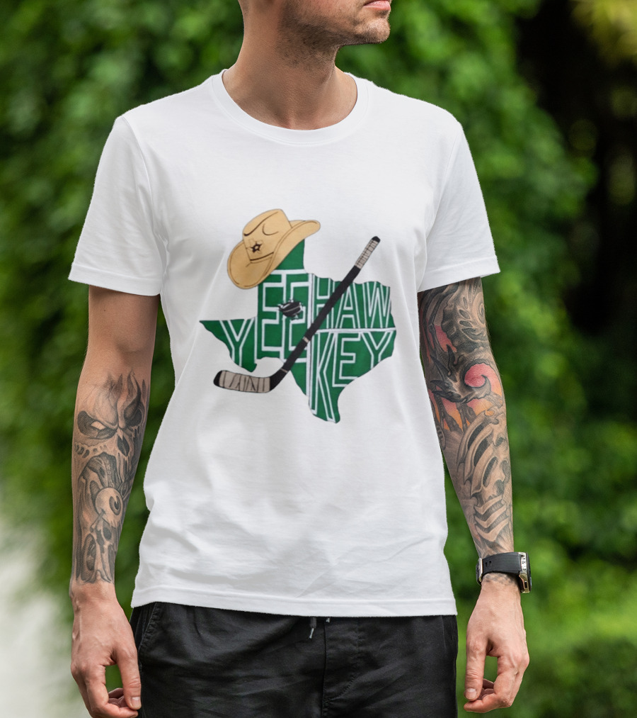 Texas Hockey Yeehaw Stars Cowboy Hat Hockey Stick 2026 Casey DeSmith Jake Oettinger Appreciation Night T-Shirt