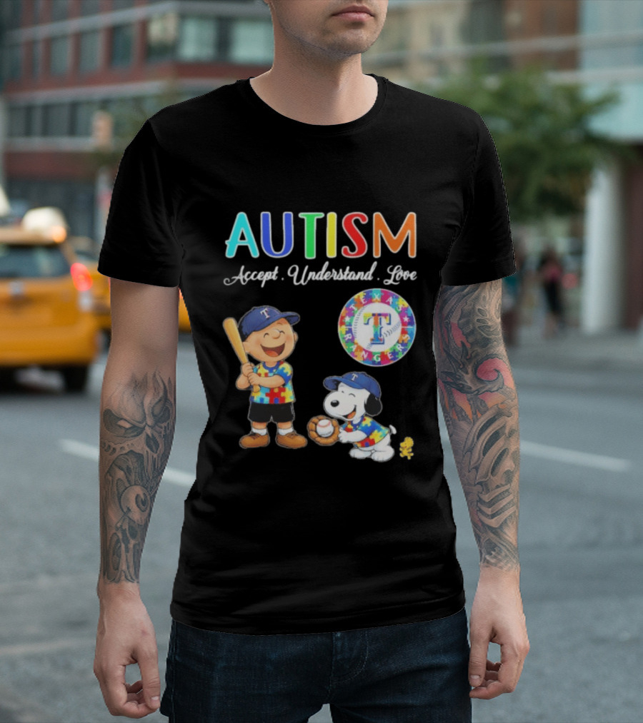 Peanuts Texas Rangers Autism Accept Understand Love Charlie Brown Snoopy T-Shirt