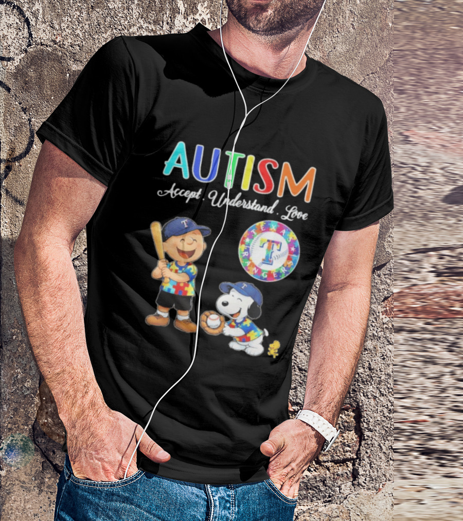 Peanuts Texas Rangers Autism Accept Understand Love Charlie Brown Snoopy T-Shirt