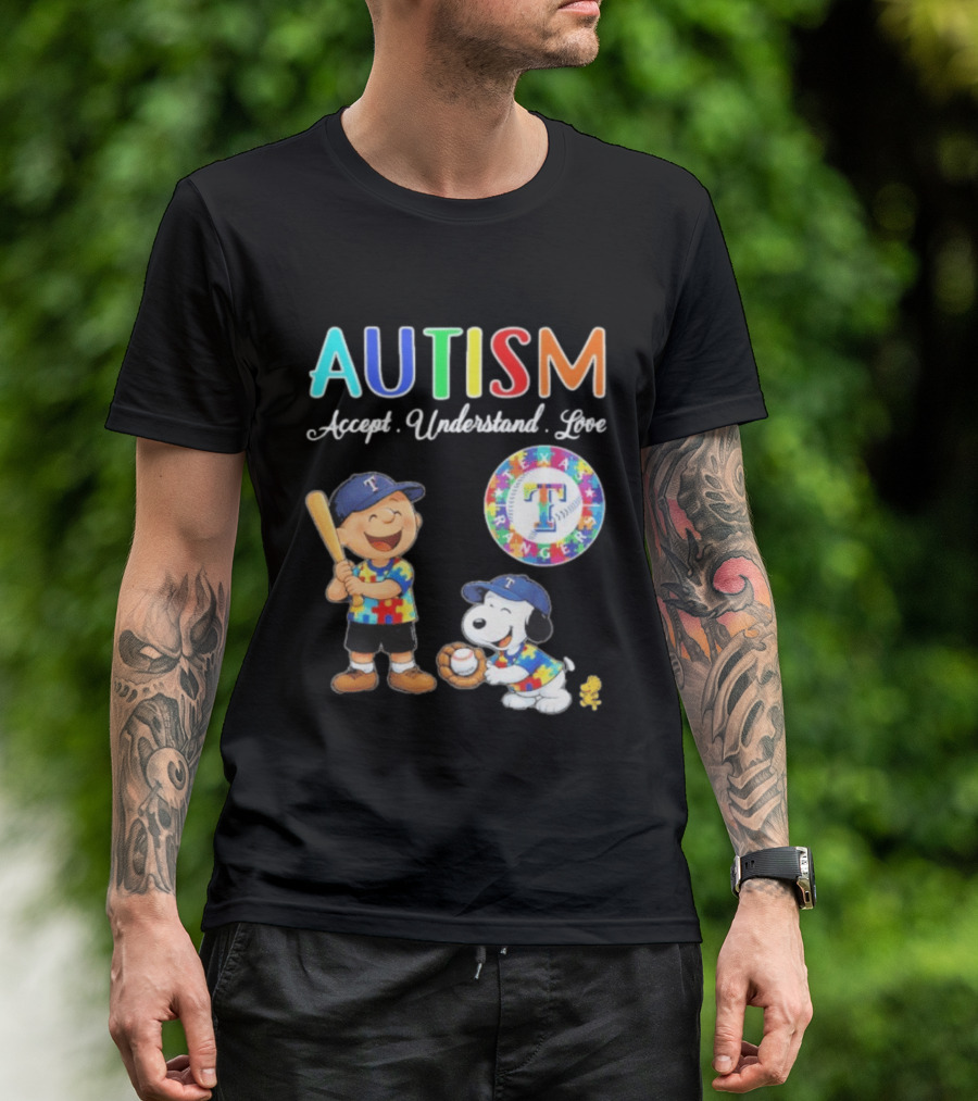 Peanuts Texas Rangers Autism Accept Understand Love Charlie Brown Snoopy T-Shirt
